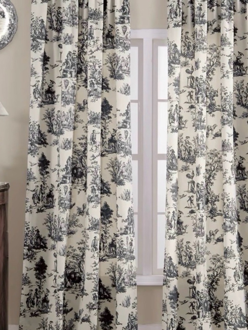 Classic Toile Window Curtain Panel - Black on Cream
